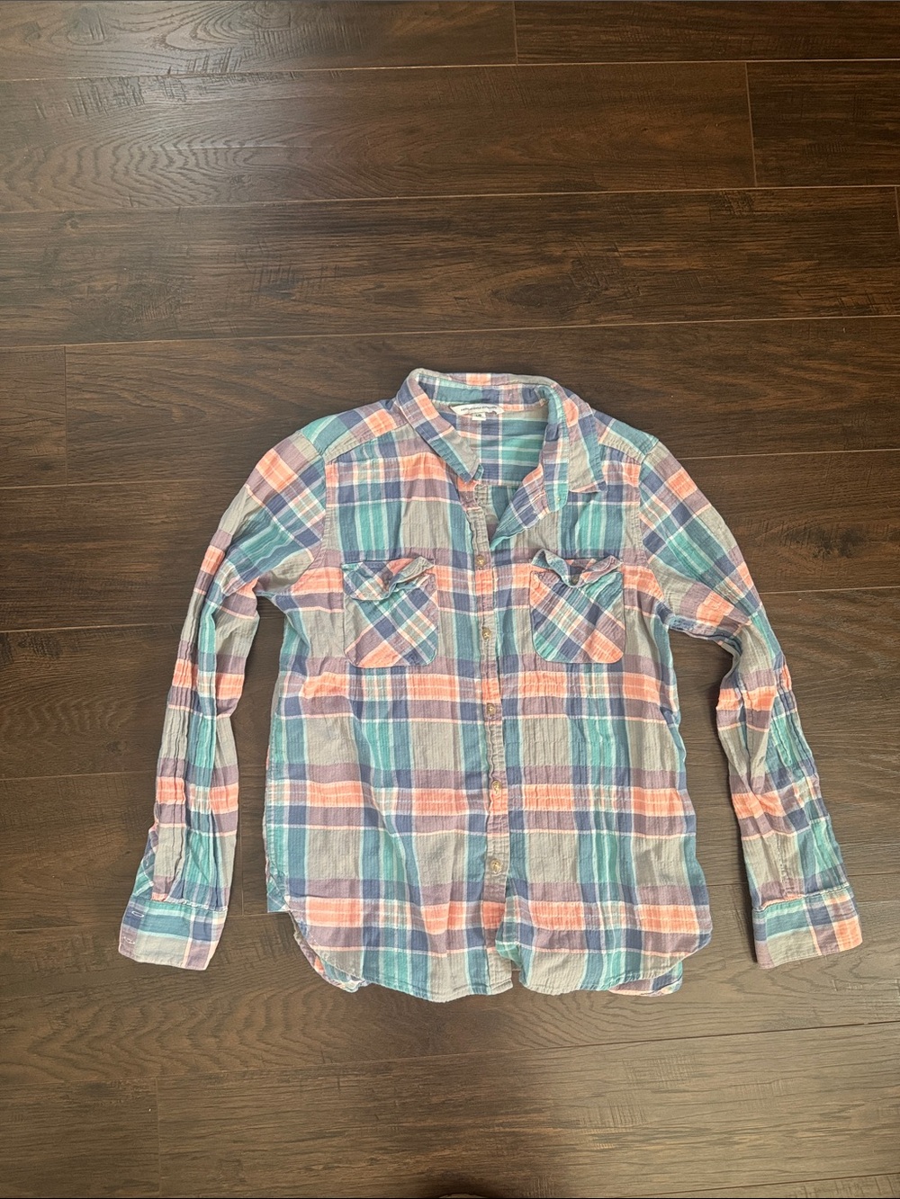 American Eagle Outfitters Pastel Plaid Button-Down Shirt in Coral & Aqua